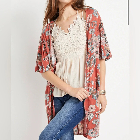 Maurices Rust Orange Multicolor Floral Print Flutter Sleeve Kimono Small Women’s - Picture 1 of 10